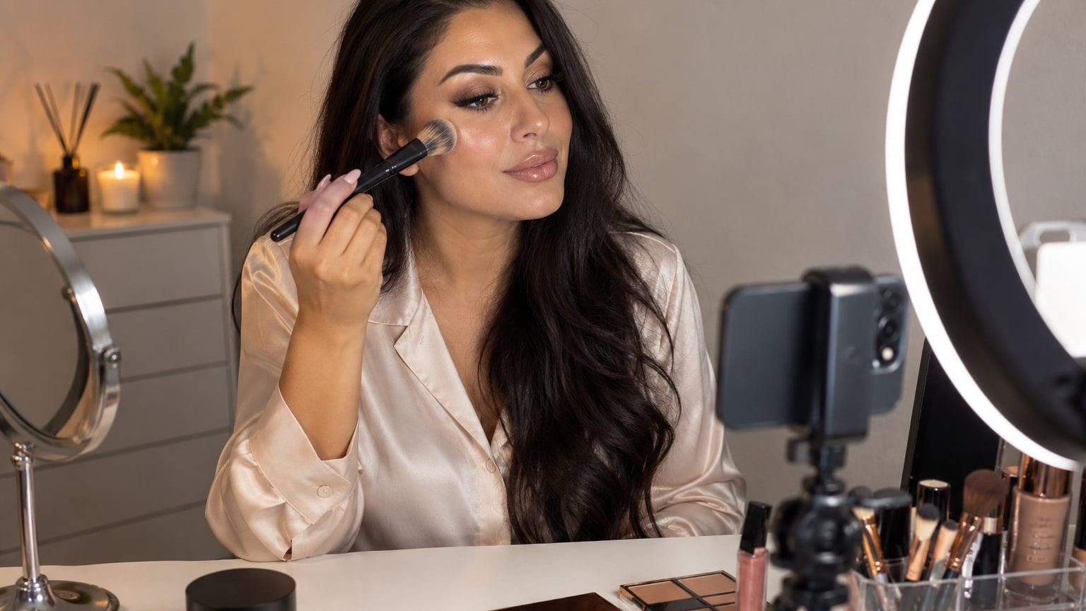 Frau mit langen dunklen Haaren trägt Highlighter auf, beleuchtet von einem Ringlicht.