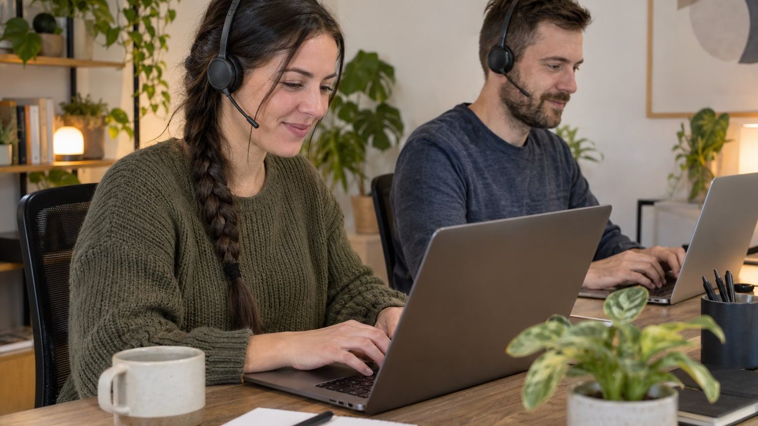 Eine Frau mit Zopf und ein Mann mit Bart arbeiten mit Headsets an Laptops.