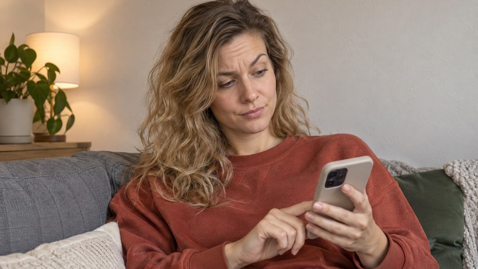 Frau mit sandblonden Wellen schaut mit hochgezogener Augenbraue skeptisch auf ihr Handy.