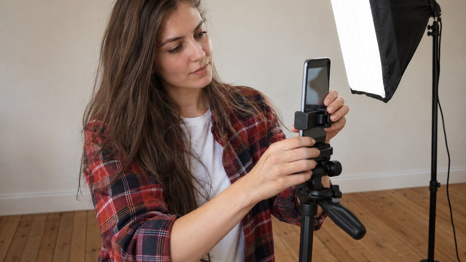 Brünette Frau im roten Karohemd klemmt ihr Handy in ein Stativ neben einer Softbox.