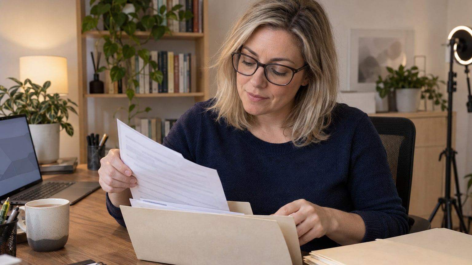 Frau mit aschblonden Haaren und Lesebrille sortiert Unterlagen am Schreibtisch neben dem Laptop.