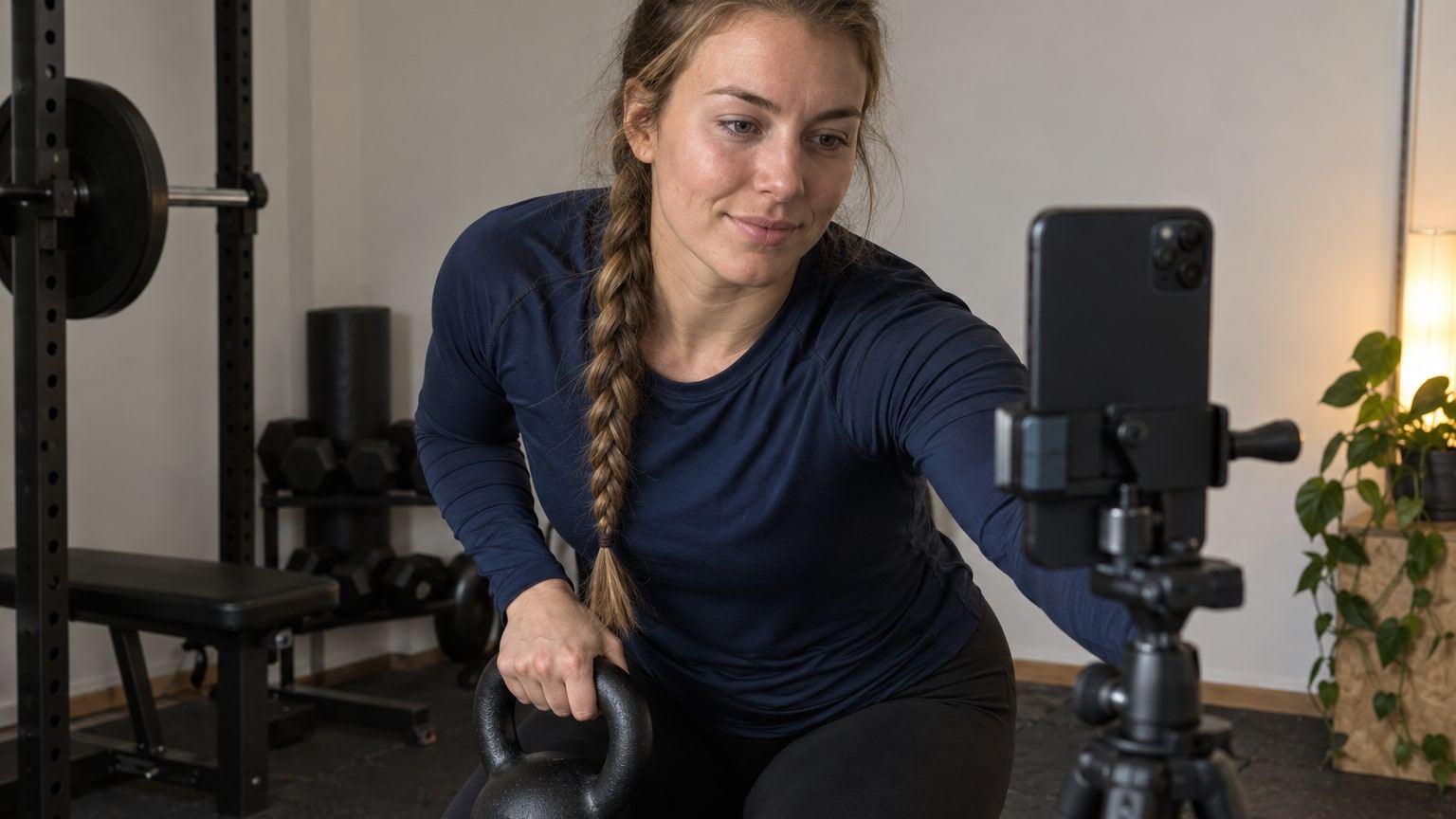 Sportliche Frau mit Zopf hält eine Kettlebell und prüft ihr Handy auf dem Stativ.