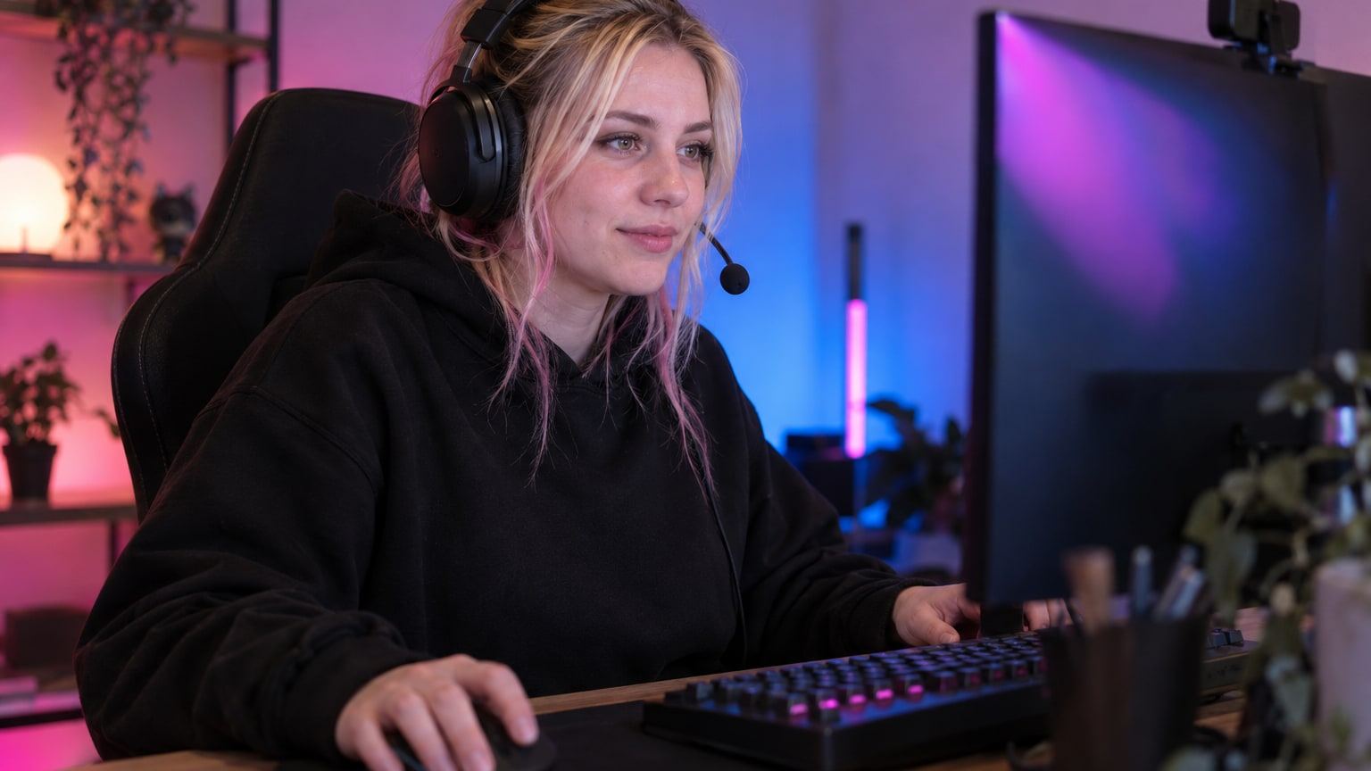 Blonde Frau mit rosa Strähnen und Headset sitzt am Gaming-Schreibtisch im Farblicht.