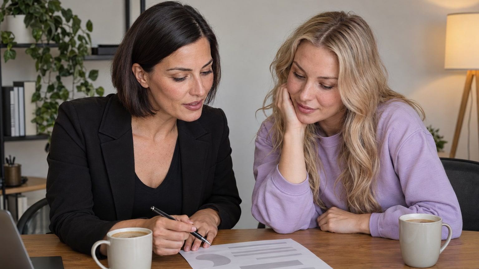 Eine Managerin im Blazer und eine blonde Creatorin besprechen am Tisch einen ausgedruckten Plan.