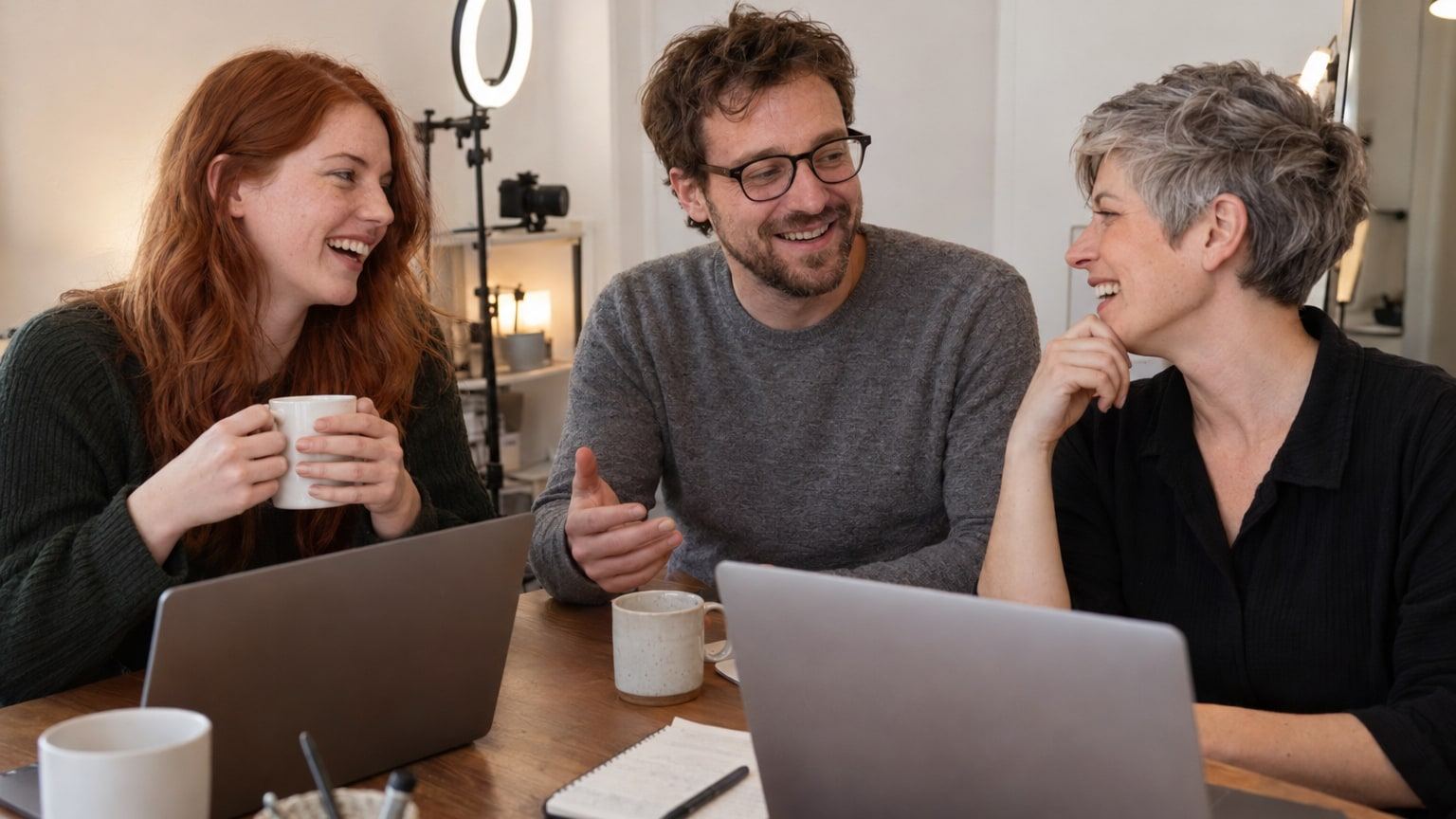 Drei Menschen lachen bei einer Besprechung mit Kaffee und Laptops in einem hellen Büro.