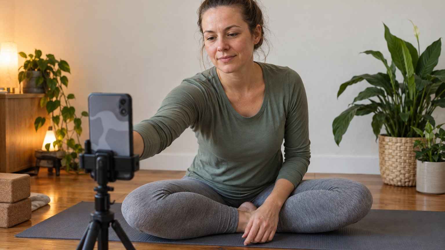 Frau mit Dutt sitzt auf einer Yogamatte und richtet ihr Handy auf einem Stativ aus.