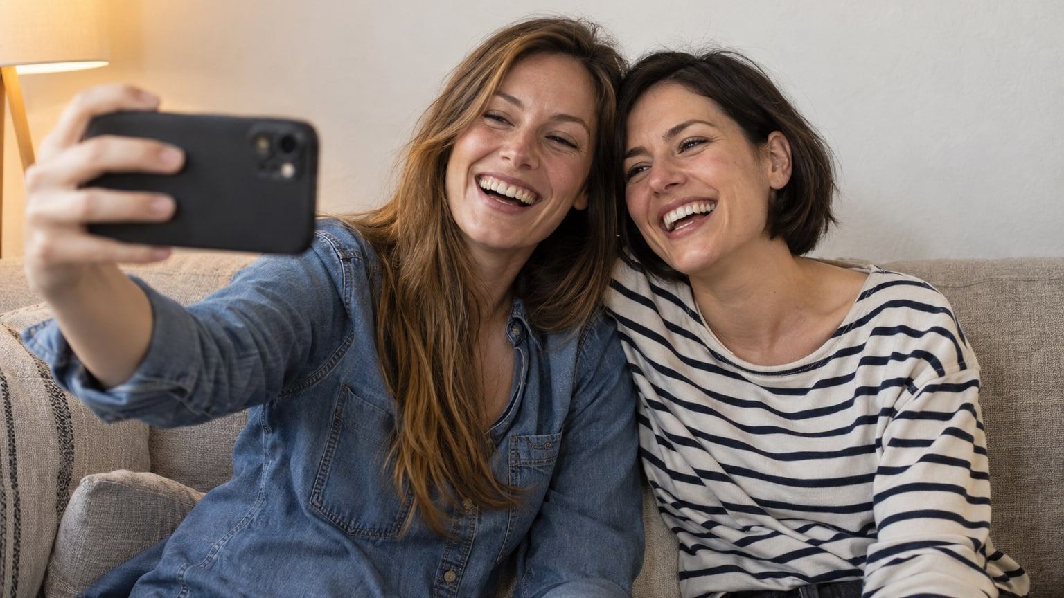 Zwei Frauen lachen auf einem Sofa und machen gemeinsam ein Selfie.